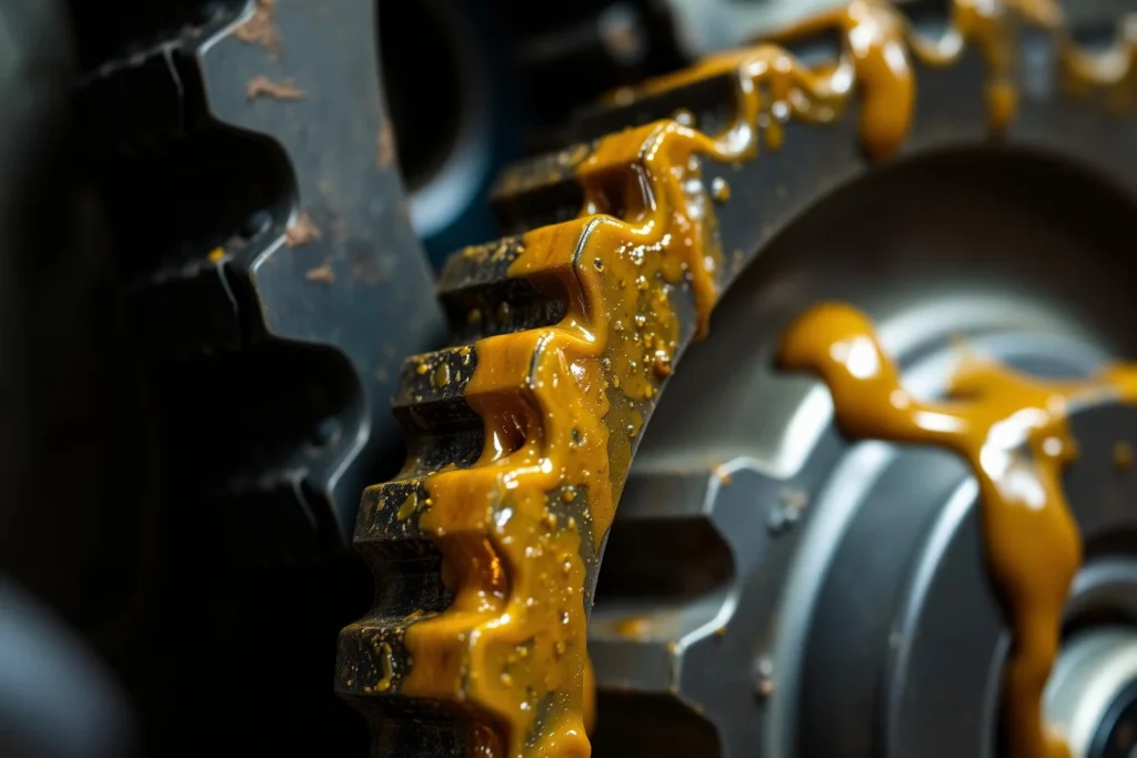 Close-up of heavy gear teeth coated in thick amber gear lubricant