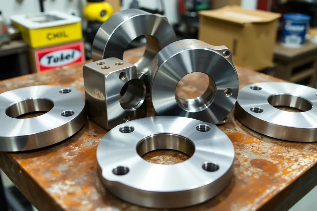 Precision-machined steel flanges and fittings on a shop workbench, the kind of finished parts rust preventatives protect