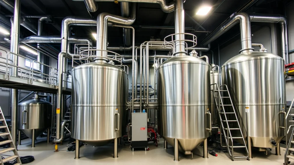 Stainless steel blending tanks and process piping in a production facility