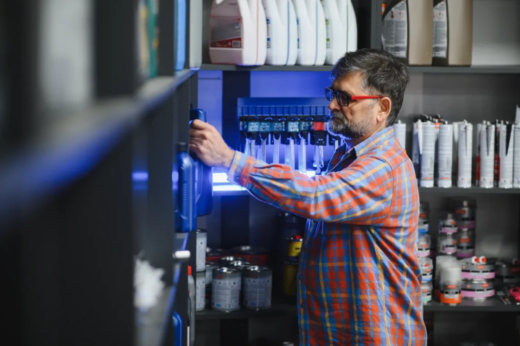 A man in a plaid shirt taking a lubricant container from a well-stocked supply shelf